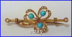 Antique 15 Carat Gold Brooch Set With Turquoise & Pearls 2.7 Grams