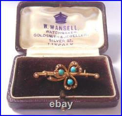 Antique 15 Carat Gold Brooch Set With Turquoise & Pearls 2.7 Grams