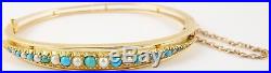 Antique 15 carat Yellow gold turquoise and pearl set 6.5 inch oval hinged bangle