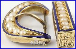 Antique 15 carat gold Victorian blue enamelled pearl set buckle belt fittings