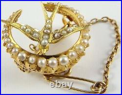 Antique 15ct Gold seed pearl set crescent swallow brooch. In an antique box