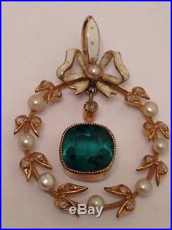 Antique 15ct White Enamel Bow Pendant Set Tourmaline, Rose Diamonds, Seed Pearls