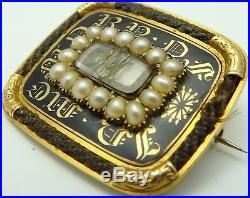 Antique 15ct gold pearl set mourning brooch. 2 Inscriptions dated 1839 and 1849