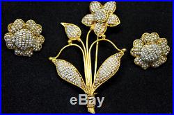 Antique 17K Solid Gold with Natural Pearl Pin/Brooch and Earrings Set Signed