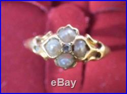 Antique 18 carat GOLD RING set with pearls & diamond centre victorian