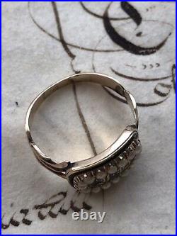 Antique 1825 Black Enamel Gold Georgain Mourning Ring Set With Natural Pearls