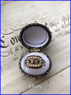 Antique 1825 Black Enamel Gold Georgain Mourning Ring Set With Natural Pearls