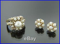 Antique 1880s Victorian 10K Yellow Gold Pearl Ring & Rosette Pearl Earring Set