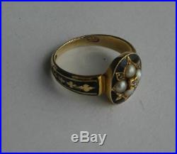 Antique 18ct Gold With Enamel, Pearl & Diamond Set Mourning Ring
