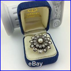 Antique 18ct gold ring with huge setting pearl and rose cut diamonds cluster cer