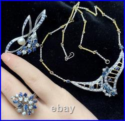 Antique 18k Sapphire & Diamond & Pearl Necklace, Brooch, And Ring Set 1.08oz