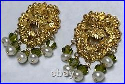 Antique 22k Yellow Gold Peridot & Pearl Earrings Necklace Set Indian Wedding