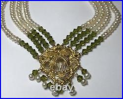 Antique 22k Yellow Gold Peridot & Pearl Earrings Necklace Set Indian Wedding