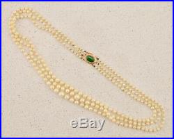 Antique 3-strand pearl necklace 14k rose gold jade set clasp owned by Mirka Mora