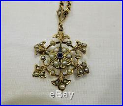 Antique 9 ct yellow gold pendant/brooch set with blue sapphire & seed pearls