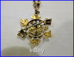 Antique 9 ct yellow gold pendant/brooch set with blue sapphire & seed pearls