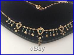 Antique 9ct Gold Seed Pearl Turquoise Set Heart Necklace(R1649)