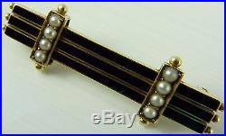 Antique 9ct gold pearl set enamelled Victorian bar brooch. Weighs 4.5 grams