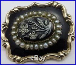 Antique 9ct gold pearl set mourning brooch. Rear inscription dated 1840 and 69