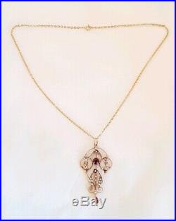 Antique 9ct gold pendant & chain. Set with Amethyst Gemstones & Seed Pearls. 1890