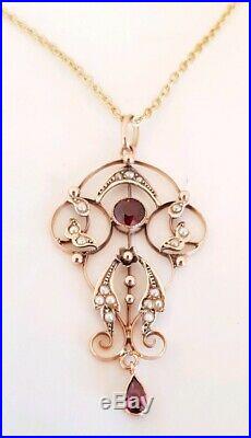 Antique 9ct gold pendant & chain. Set with Amethyst Gemstones & Seed Pearls. 1890