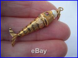 Antique 9ct yellow gold articulated fish pendant necklace ruby set eyes pearl