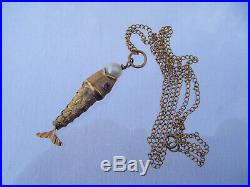 Antique 9ct yellow gold articulated fish pendant necklace ruby set eyes pearl
