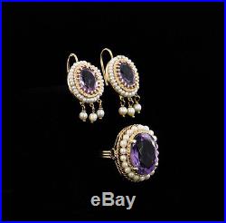 Antique Amethyst Seed Pearl Set Ring Earrings 14kt Solid 585 Yellow Gold