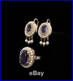 Antique Amethyst Seed Pearl Set Ring Earrings 14kt Solid 585 Yellow Gold
