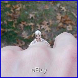 Antique Art Deco 14k White Gold Pearl RingEtched Hand Chased Tall Claw Setting