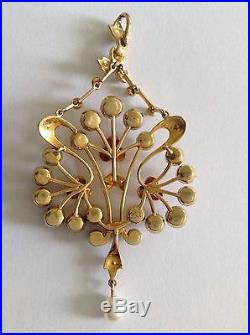 Antique Art Nouveau 15ct Gold Natural Seed Pearl Set Pendant