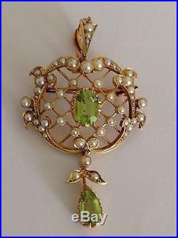 Antique Art Nouveau 15ct Gold Peridot & Seed Pearl Set Pendant Brooch