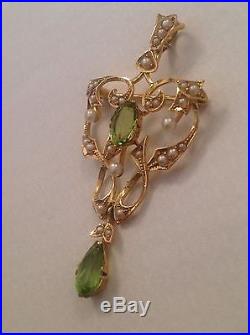 Antique Art Nouveau 15ct Gold Peridot & Seed Pearl Set Pendant / Brooch