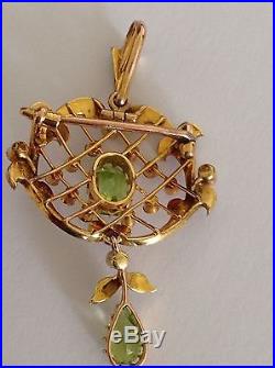 Antique Art Nouveau 15ct Gold Peridot & Seed Pearl Set Pendant Brooch