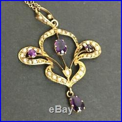 Antique Art Nouveau 9ct Gold Amethyst & Seed Pearl Set Pendant Necklace c1900