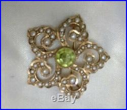 Antique Art Nouveau 9ct Gold Peridot & Seed Pearl Set Pendant / Brooch c1890