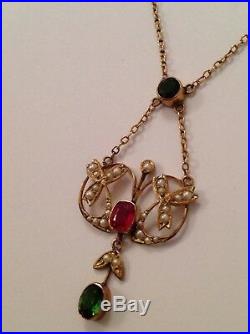 Antique Art Nouveau 9ct Gold Tourmaline & Pearl Set Pendant Necklace