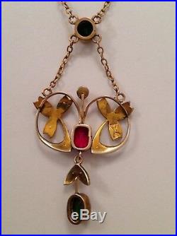 Antique Art Nouveau 9ct Gold Tourmaline & Pearl Set Pendant Necklace