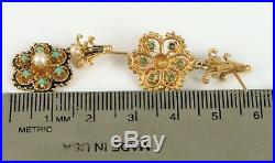 Antique Beautiful 14k Yellow Gold Dangle Pearl & Turquoise Earrings Claw Setting