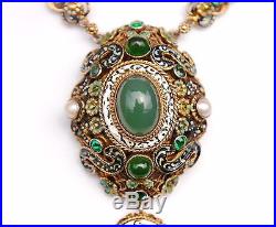 Antique Bohemian Necklace Gilt Silver Chrysoprase Moldavite Pearls Enamel /47g