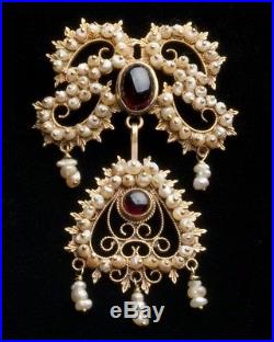 Antique Brooch & Screw-Post Earring Set 14k Yellow Gold Garnets & Seed Pearls