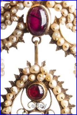 Antique Brooch & Screw-Post Earring Set 14k Yellow Gold Garnets & Seed Pearls