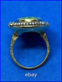 Antique Carved Jade with Pearl Halo & Blue Enamel in 14K Gold Setting Ring Size 6