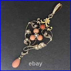 Antique Coral & Pearl Set Fancy Pendant 9ct Yellow Gold 47x22mm