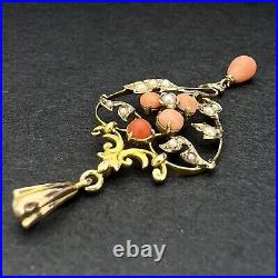 Antique Coral & Pearl Set Fancy Pendant 9ct Yellow Gold 47x22mm