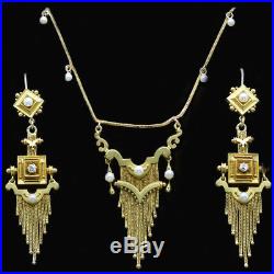 Antique Earrings Necklace Set Gold Pearls Diamonds Classic Revival French #6287