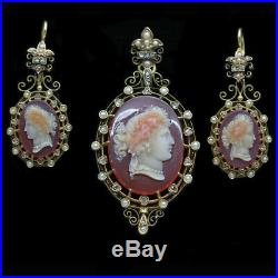 Antique Earrings Pendant Set Victorian Cameo 18k Gold Diamonds Pearls (6323)