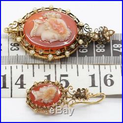 Antique Earrings Pendant Set Victorian Cameo 18k Gold Diamonds Pearls (6323)