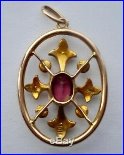 Antique Edwardian 10 Carat Gold Pendant Set With Pink Tourmaline And Seed Pearls