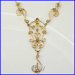 Antique Edwardian 14ct Gold Pearl set Drop Necklace c1905